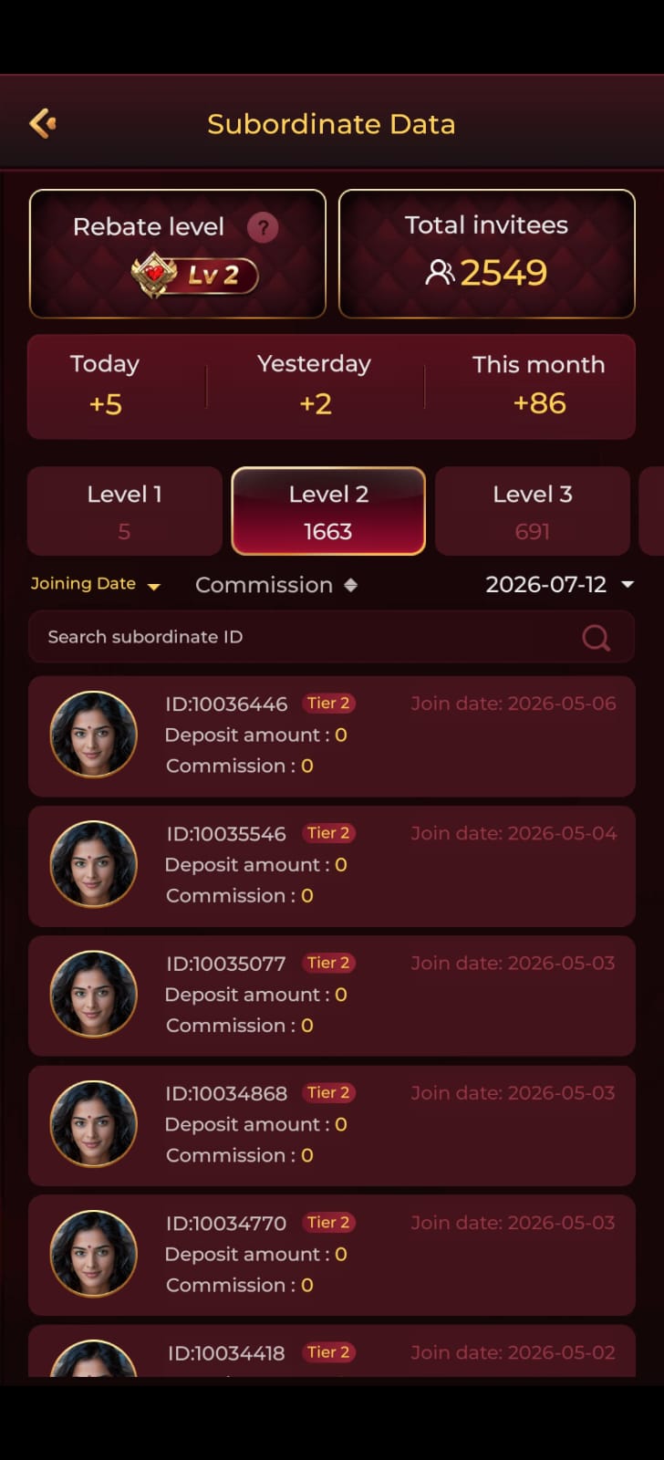 S7 Game subordinate data screen showing rebate level, invitees, team levels, and commission details